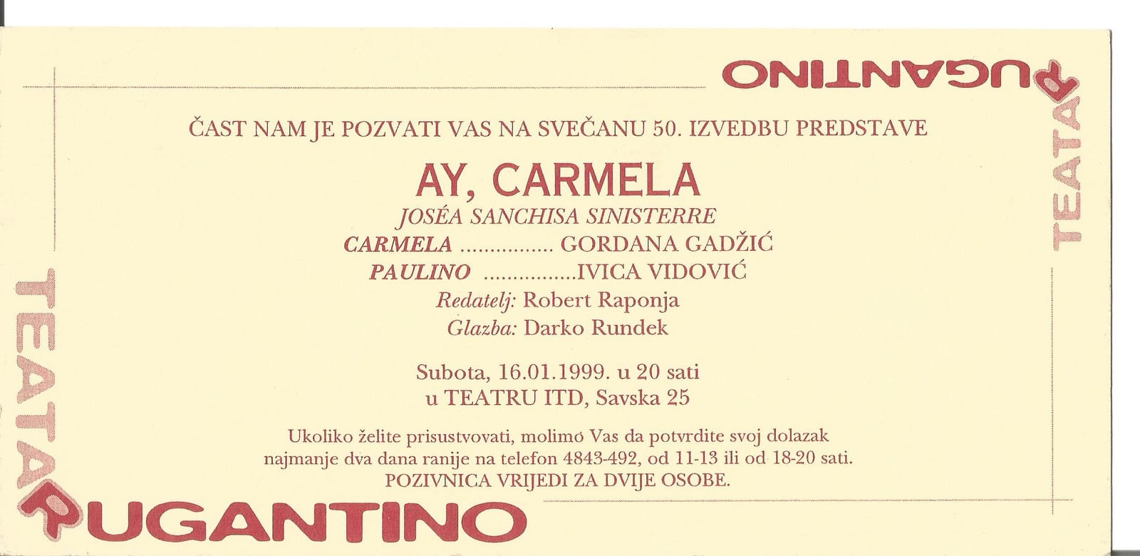 Pozivnica za 50. izvedbu, 16. 1. 1999., Teatar ITD
